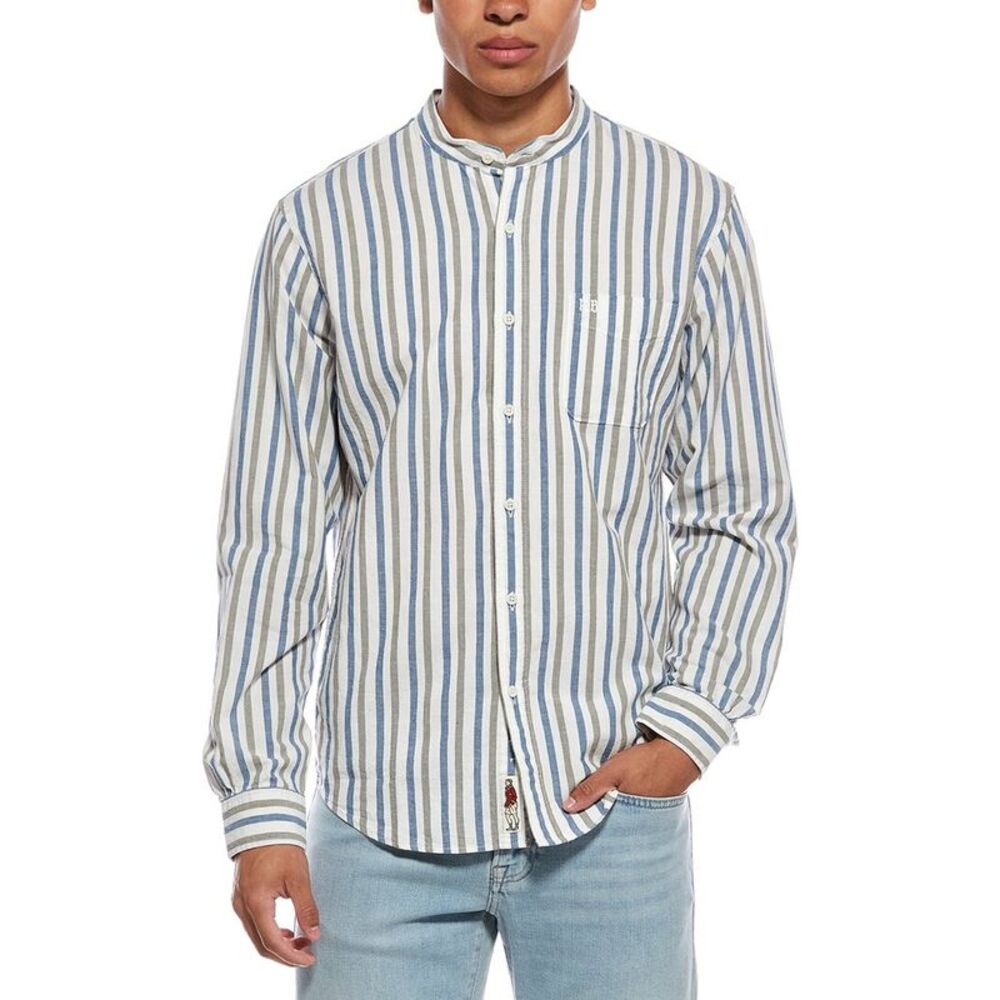 Rowing Blazers Mens  Casual Linen-Blend Band Collar Shirt, Blue